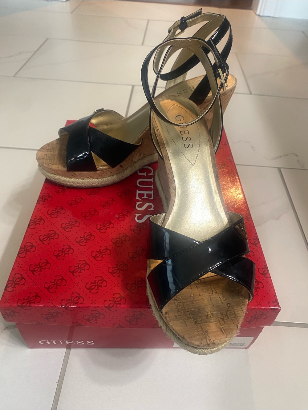 GUESS Black Patent Leather Cork Espadrille Wedge Sandals with Ankle Strap